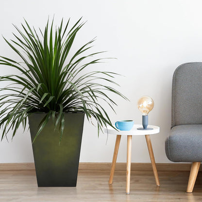 Worth Garden Large Metal Glazed Floor Planter Set of 2-14" Dia x 18" H - Luxurious Glossy Finish Green Tall Square Tapered Steel Plant Pots, Decor Flower Pot Indoor & Outdoor, Drainage Hole