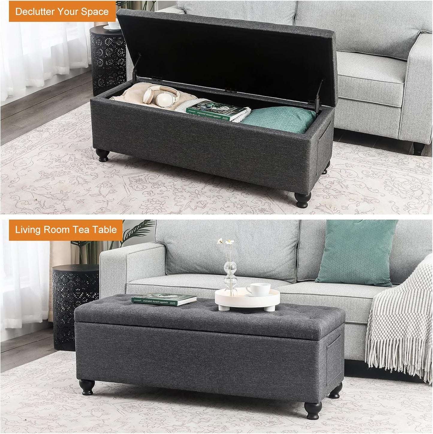 Storage Ottoman Bench 46 Inch Ottoman Bench with Storage Fabric Tufted Benches for End of Bed, Upholstered Ottomans Benches King Size with Hinged Lid for Living Room Bedroom Dark Grey