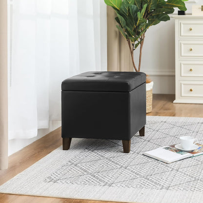 Adeco Faux Leather Storage Ottoman Bench with Solid Wood Legs, 17.7" Square Black PU Cube Foot Stool, Upholstered Button Tufted Vanity Chair with Hinged Lid for Living Room, Bedroom, Dorm