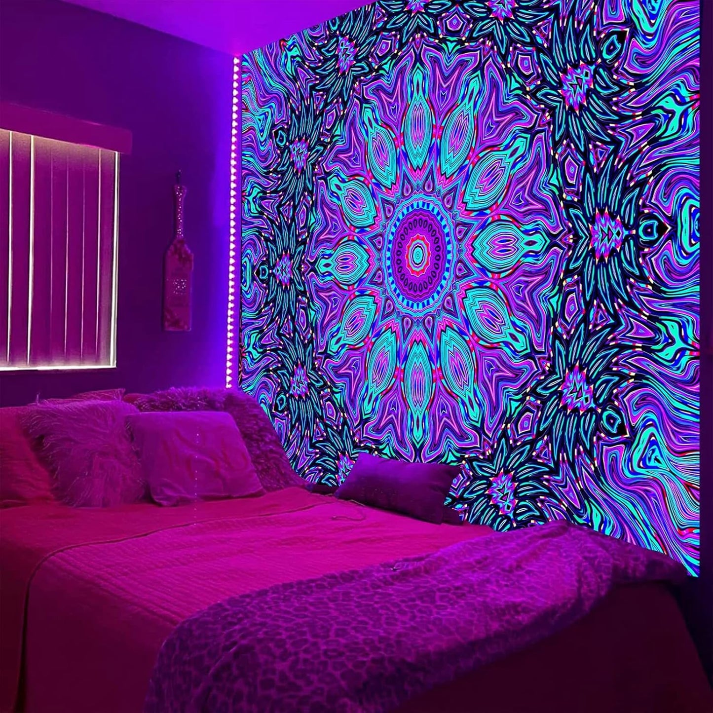 PSYHILAR Blacklight Mandala Tapestry for Bedroom, Psychedelic Black Light Posters for Adults and Teens, Neon UV Reactive Aesthetic Bohemian Art Wall Hanging Decor (80 x 60 Inches)