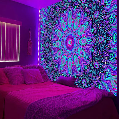 PSYHILAR Blacklight Mandala Tapestry for Bedroom, Psychedelic Black Light Posters for Adults and Teens, Neon UV Reactive Aesthetic Bohemian Art Wall Hanging Decor (80 x 60 Inches)