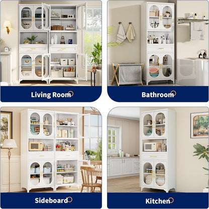 75” Tall Kitchen Pantry Storage Cabinet, Metal Storage Cabinet with 1 Drawer and Adjustable Shelves, Kitchen Pantry Cupboard, Freestanding Cupboard for Bathroom, Living Room (White-Glass Door)