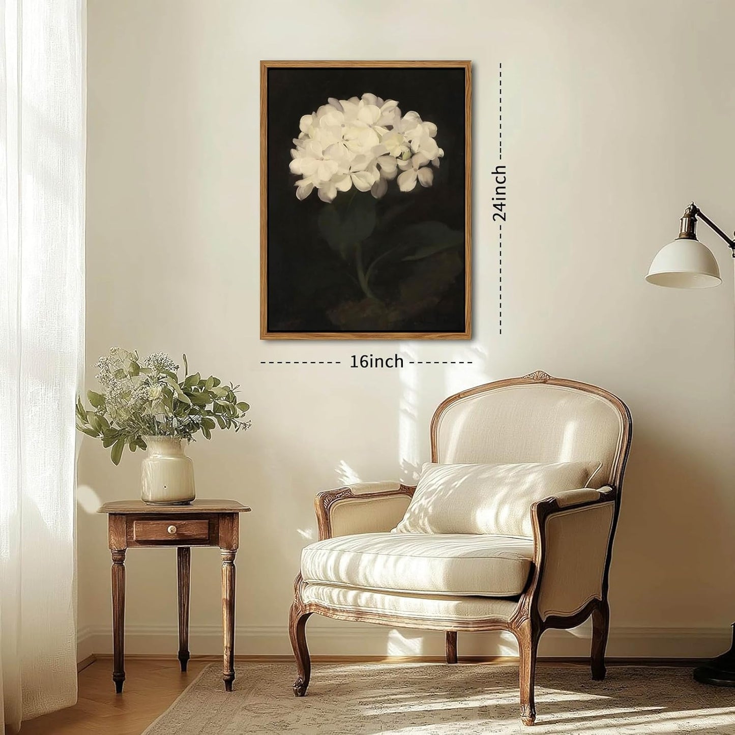 Framed Wall Art for Living Room – Vintage White Hydrangea Oil Painting Canvas Prints, Aesthetic Bedroom Wall Art, Kitchen Decor for Shelves, Bathroom Office Artwork Wall Decor – 16x24in