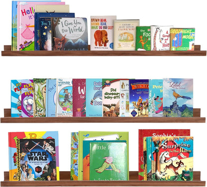 AZSKY 36 Inch Floating Book Shelves Rustic Wood Wall Picture Ledge Shelf for Storage Light Walnut Wall Mounted Picture Photo Display Shelf a Set of 3 Hanging Book Shelf