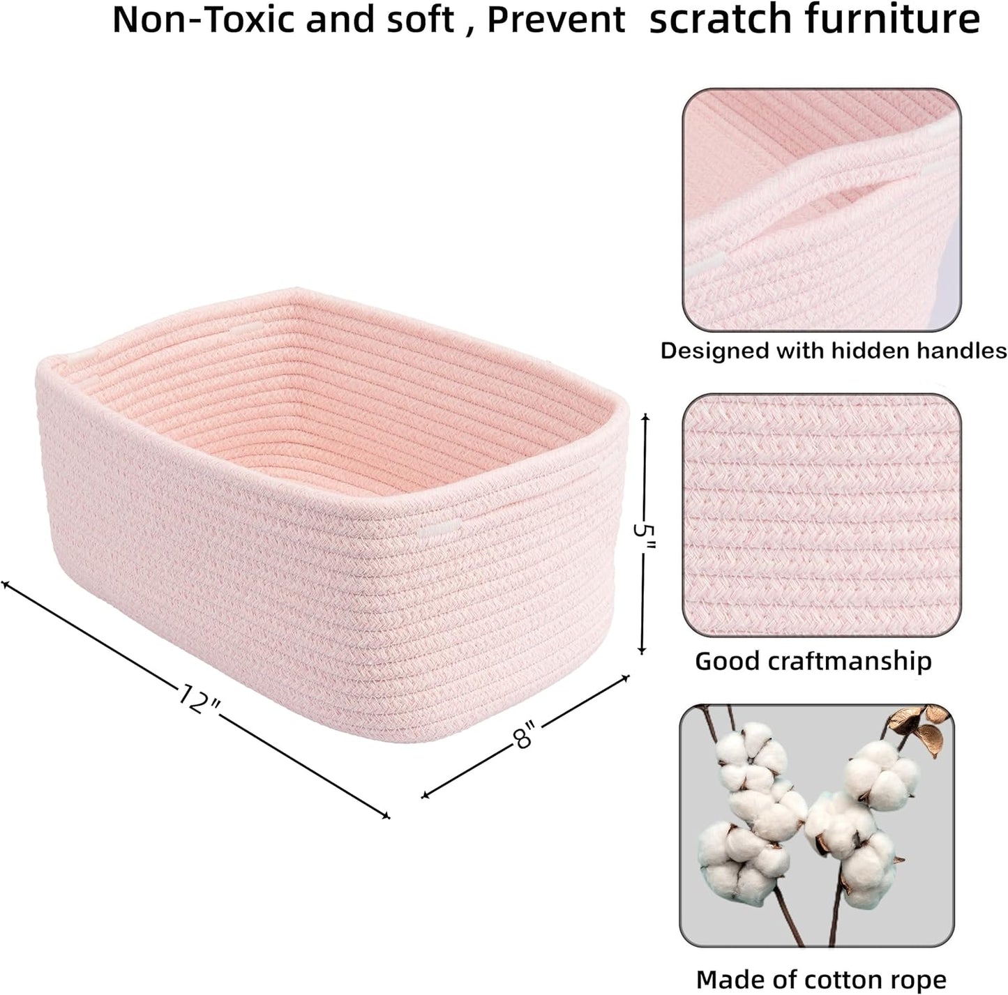 Small Woven Storage Baskets 12“X8”X5“ Decorative Rope Bins for Organizing Shelves, Closets, and Toys, Empty Gift Baskets, Cute Organizer Basket for Home and Office (pink, regular)