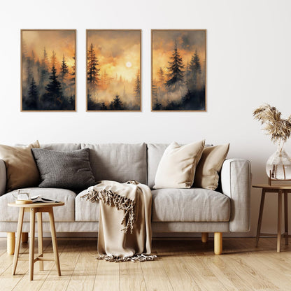 HLNIUC Golden Sunshine Forest Framed Canvas Wall Art,Foggy Forest Pine Tree Wall Decor,Large Sunset Landscape Art Print,Natural Misty Mountain Forest Wall Painting for Living Room,Bedroom - 16”x24”x3