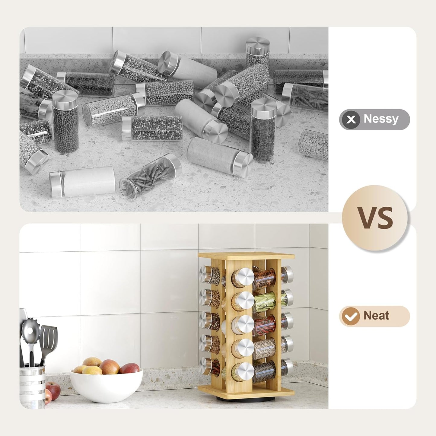 WelFurGeer Bamboo Spice Rack Organizer for Countertop, Revolving Spice Shelf with 20 Glass Jars, Lids & Labels, Desktop Rotating Seasoning Organizer for Kitchens, Space-Saving Design