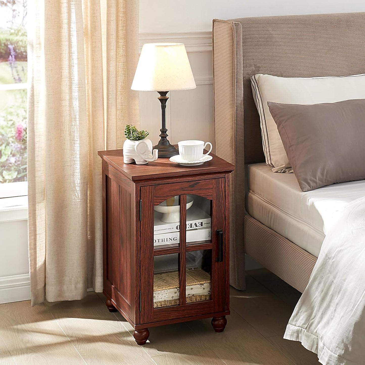 Narrow Side Table Set of 2,Farmhouse Nightstand with Charging Station,End Table with Glass Barn Door Storage, Cabinet Organizer with Adjustable Shelf, Night Stand for Small Spaces Living Room Bedroom