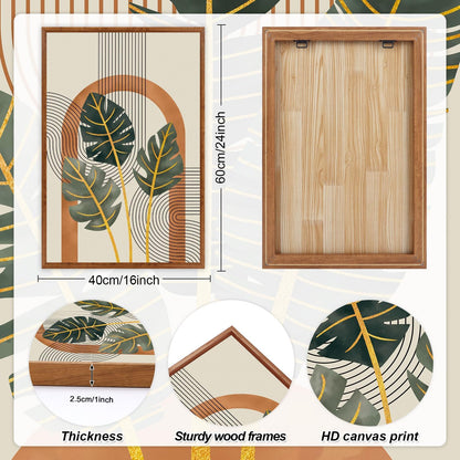 KAIRNE Boho Canvas Wall Art,Tropical Palm Leaf Wall Decor,Mid-Century Geometric Illustrations Set of 3(16”X24”),Abstract Line Pictures,Modern Botanical Prints for Living Room Bedroom Dining Room Decor