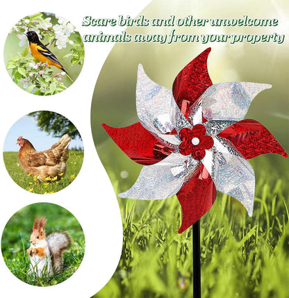 Hausse 10 Pack Reflective Pinwheels, Extra Sparkly Wind Sculptures for Garden Christmas Holiday Winter Decor, Bird Devices Deterrent to Scare Birds Away from Yard Patio Farm, Red & Silver