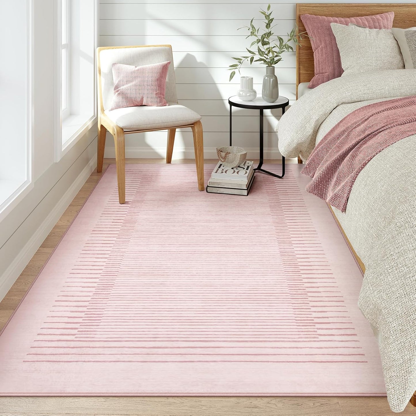 Wonnitar Washable Striped Living Room Area Rug 5x7, Non-Slip Berber Stripe Pink Area Rugs for Bedroom Girls, Low Pile Soft Large Throw Carpet for Kids Nursery Room (Pink,5' x 7')