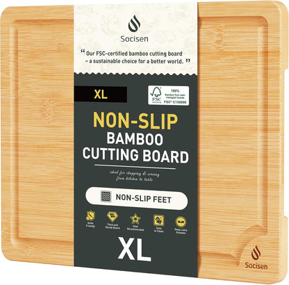Extra Large Bamboo Board Charcuterie Non Slip Feet Over Sink Wooden Cutting Chopping Board Butcher Block Nice Solid Thick Juice Groove Big Xl XXl xlarge Hardwood Kitchen Counter Organic Meat BBQ Kit