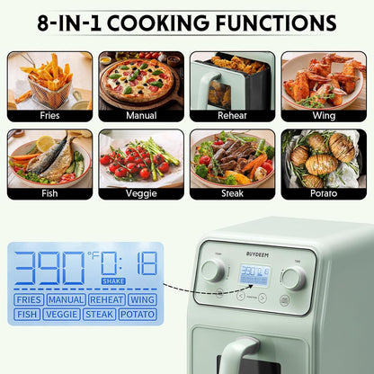 BUYDEEM F51 8-in-1 Air Fryer 4.2QT, Retro Countertop Airfryer Oven with Visible Window, Shake Reminder, One-touch Control with LCD Display, Cozy Greenish
