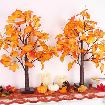 2 Pack 24 Inch Prelit Fall Maple Tree Fall Decor with 48 LED Timer Battery Operated Artificial Fall Light Up Tree Pumpkin Maple Acorn for Fall Thanksgiving Decorations Table Home Indoor Autumn Harvest