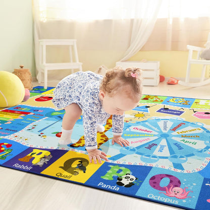 Kids Rugs for Playroom Washable, Educational and Fun Learning Rugs with ABC Alphabet Animals Shapes, Baby Toddler Children's Play Mat for Bedroom Classroom Nursery, 3x5 Feet, Blue