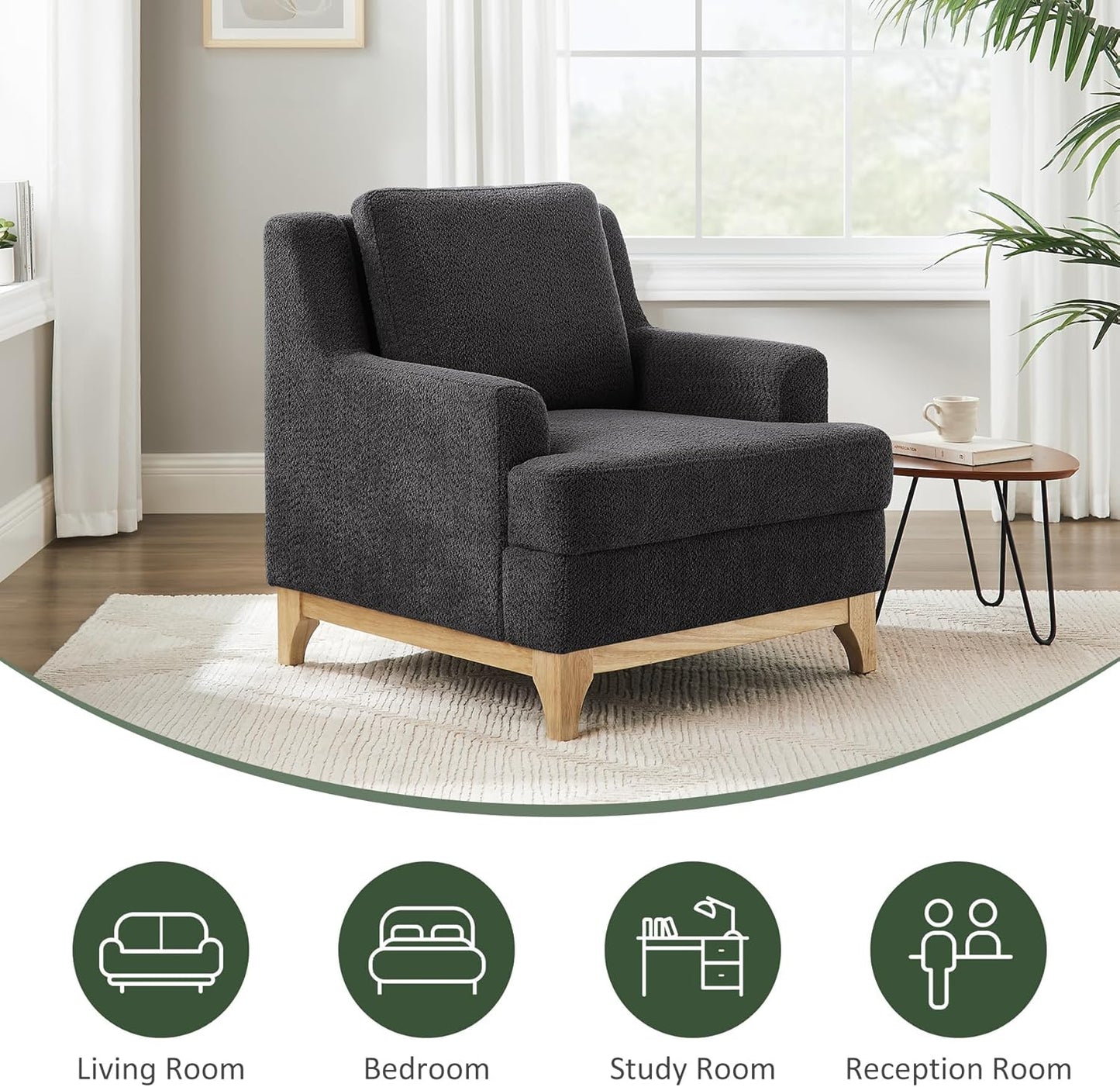 Oversized Accent Chair, Modern Boucle Armchair with Wood Legs, Modern Reading Chair with Thick Cushion, Comfy Chairs for Living Rooms, Bedrooms, Reading nooks and Apartments