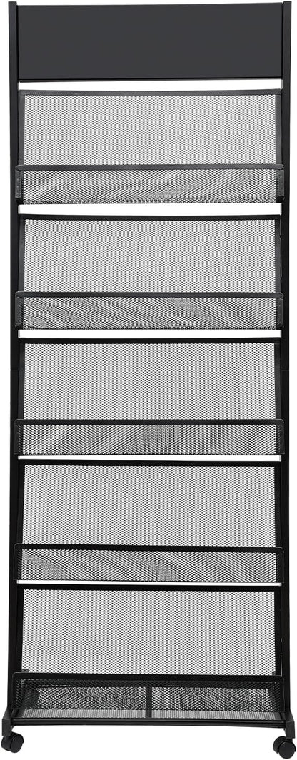 5-Tier Magazine Rack Floor Standing Brochure Display Stand with Universal Wheels & Brakes Metal Magazine Display Rack for Office, Shop