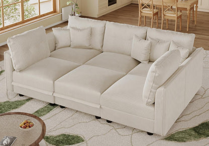 LLappuil Modular Sectional Sofa with Storage Seats, Corduroy U Shaped Convertible Couch for Living Room, 6 Seats Comfy Sofa with 5 Back Cushion 5 Throw Pillow, Beige