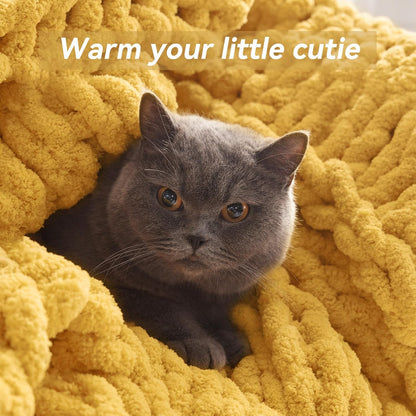 Chunky Knit Throw Blanket, 50''*60'' Knitted Throw Chenille Yarn for Bed Couch, Handmade Yellow Crochet Big Thick Blanket, Machine Washable Cute Comfy Blanket for Home Decor