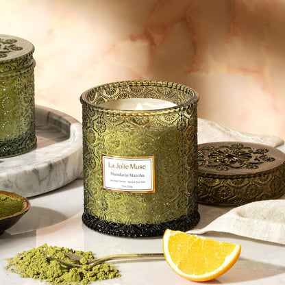 LA JOLIE MUSE Mandarin Matcha Candle - Bergamot, Matcha, Cedarwood | 19 oz Large Wooden Wick Candles | Natural Soy Wax | 90 Hours Clean Burn | Fresh Citrus Candle | Gift-Ready for Hosts