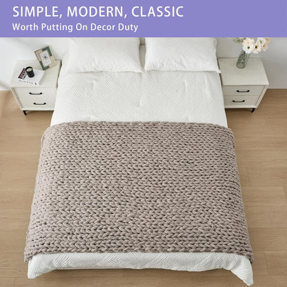 Bigacogo Chunky Knit Throw Blanket for Couch, 40x80 inches, 100% Hand Knitted with Thick Jumbo Chenille Yarn, Cozy Soft Large Rope Knot Cable Crochet Blankets for Sofa Bed Living Room, Taupe