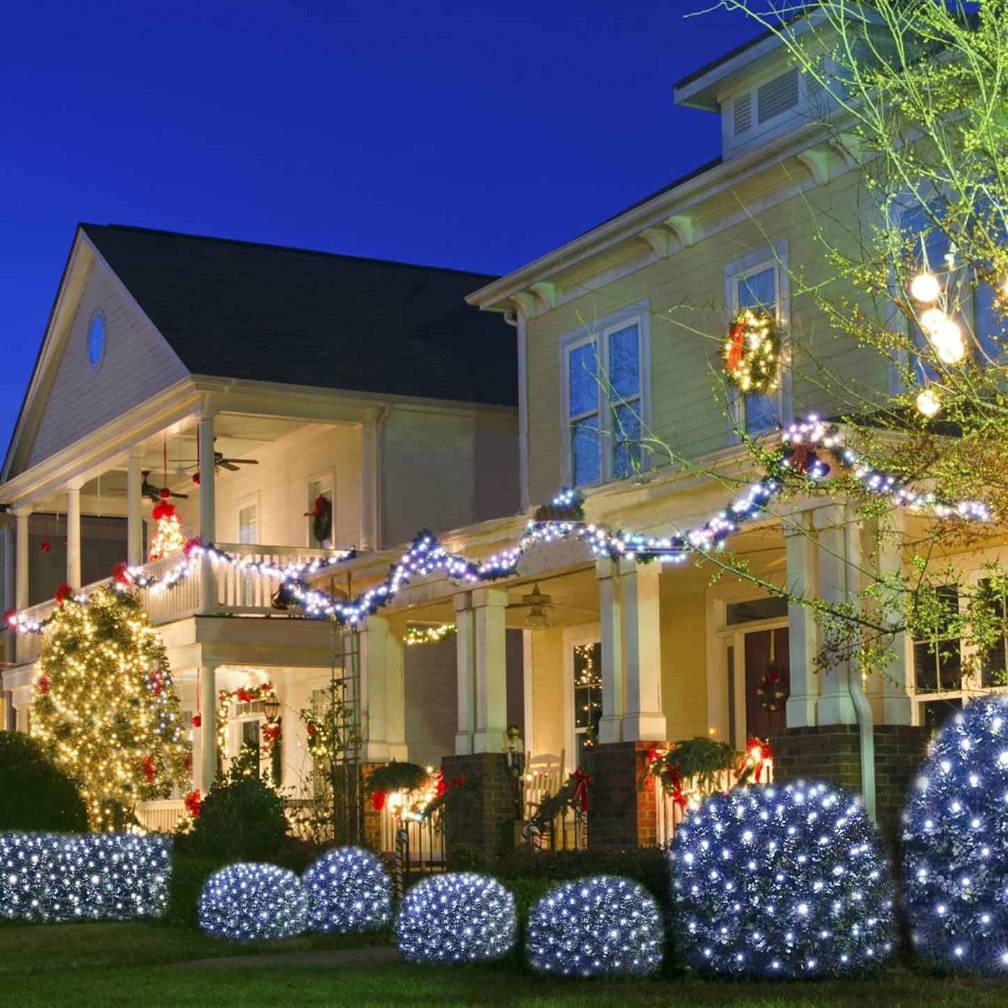 WBao Solar Christmas Lights Outdoor 360LED 11.5ft x 6.9ft Christmas Bushes Lights with Remote, 8 Lighting Modes, Timer, Waterproof for Lawn, Bushes, Trees Outdoor Christmas Decorations, Cool White