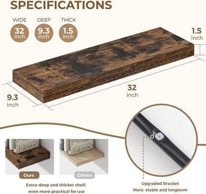 Dreamland 32 Inches Floating Shelves for Wall, 9.3" Deep Long Floating Shelves Set of 2, Large Display & Storage Shelf, Wall Shelf for Bathroom Bedroom Living Room Kitchen Office, Rustic Brown