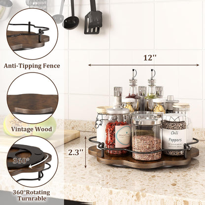 12" Lazy Susan Turntable Organizer,Round Wooden Lazy Susan Organization and Rotating Spice Rack for Dining Table,Pantry,Kitchen Countertop,Vanity,Cupboard and More.Vintage Wood(Petal Shape)
