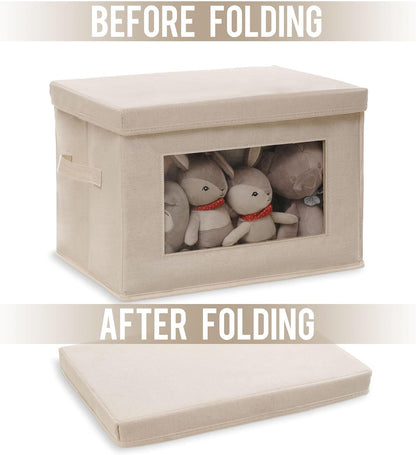 Citylife 3 Pack Storage Bins with Lids, Fabric Foldable Storage Bins with Soft Cord Handles, Canvas Storage Bin with Lid for Organizing Clothes, Blankets and Books, Beige