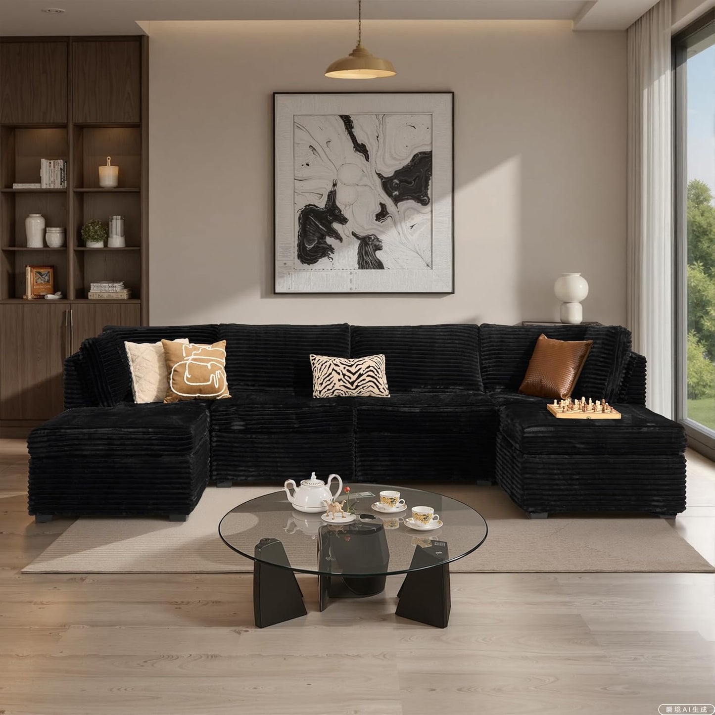 ovios Sectional Sofa Couch with U-Shape Chaise Ottomans, Comfy Modular Cloud Couches with Deep Seat, Modern Upholstered Plush Corduroy Sofas Set for Living Room, 6-Seater, Black