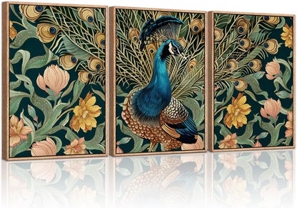 HLNIUC Peacock Framed Canvas Wall Art,Large Peacock Flower Wall Decor Set of 3(16”x24”)Modern Elegance Peacocks Floral Framed Painting,Vintage Beautiful Animal Feather Art Print for Living Room,Office