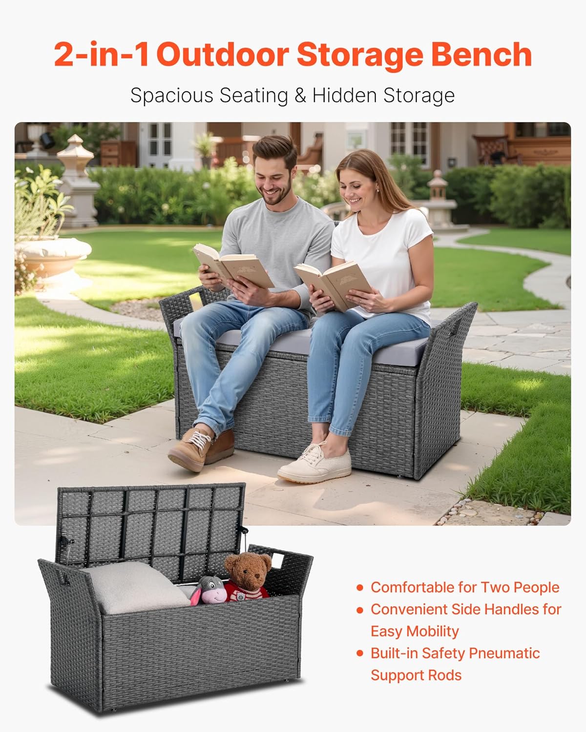 VEVOR Outdoor Storage Bench, 2-Person PE Rattan Storage Bench, 40 Gal Deck Box with Cushion & Side Handle, Supports up to 400 lbs, Weatherproof Outdoor Seating & Porch Decor for Patio Garden Balcony