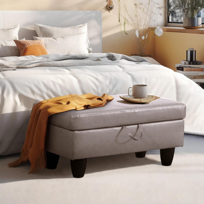 Ottoman Rectangular Storage Ottoman Bench, Faux Leather Footrest, Coffee Table, Stool Footstool with Hinged Lid for Living Room, Bedroom, Entryway, Champagne, 28.5"x19"x17.5"