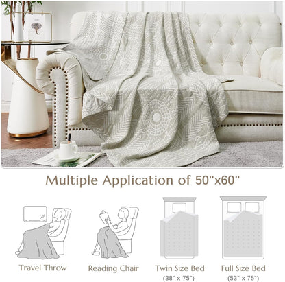 jinchan Boho 100% Cotton Muslin 50x60 Throw Blanket Lightweight 3-Layer Light Grey Blanket Washable Reversible Breathable Decorative Geometric Striped Patterned Soft Cozy for Sofa Bed All Season Gift
