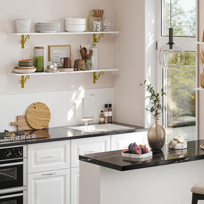 DINZI LVJ Long Wall Shelves, 47.3" Wall Mounted Shelves Set of 4, Wide Floating Shelf with Metal Brackets, for Living Room, Bathroom, Bedroom, Kitchen, Office, White and Gold