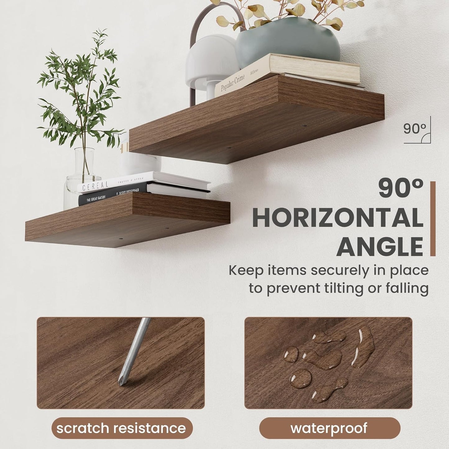 30 Inch Floating Shelves, 8 Inch Deep Floating Shelves for Wall, Hanging Shelf with Invisible Brackets, Deep Shelves for Bathroom, Bedroom, Living Room, Walnut, Set of 2