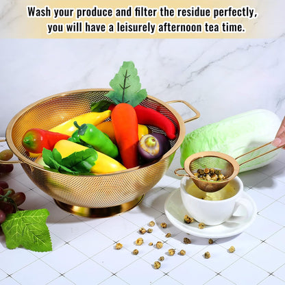 Norme 5 Quart Stainless Steel Gold Colander and 3 Pcs Gold Fine Mesh Strainer, Stainless Steel Pasta Rice Food Metal Strainer with Handles, Easy Clean and Dishwasher Safe