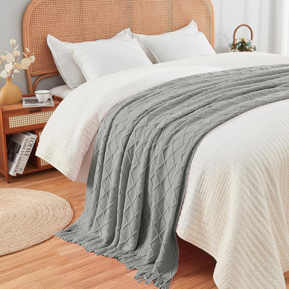 inhand Knitted Throw Blankets for Couch and Bed, Soft Cozy Knit Blanket with Tassel, Light Grey Lightweight Decorative Blankets and Throws, Farmhouse Warm Woven Blanket for Men and Women, 60"x80"