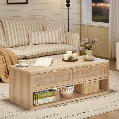 LEYAOYAO Boho Rattan Coffee Table and End Table Sets, 48" Wide Center Tables & 23" Night Stand with 3 Drawers, Natural Wood Coffee Table for Living Room 3 Piece Set