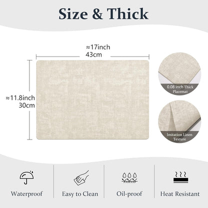 FROMHEART Faux Leather Placemats Set of 12–Waterproof,Heat/Oil Stain-Resistant PU Table Mat–Reversible,Non-Slip,Easy to Clean Place Mats for Kitchen,Dining,Indoor/Outdoor,(Beige,11.8" x 17")
