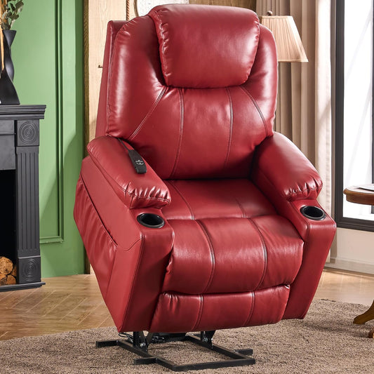 SALOHZA Power Lift Recliner Chair for Elderly with Massage and Heat for Living Room, Electric Recliner Chair for Adults with USB/Type C Port/Cup Holders, PU Faux Leather, Red