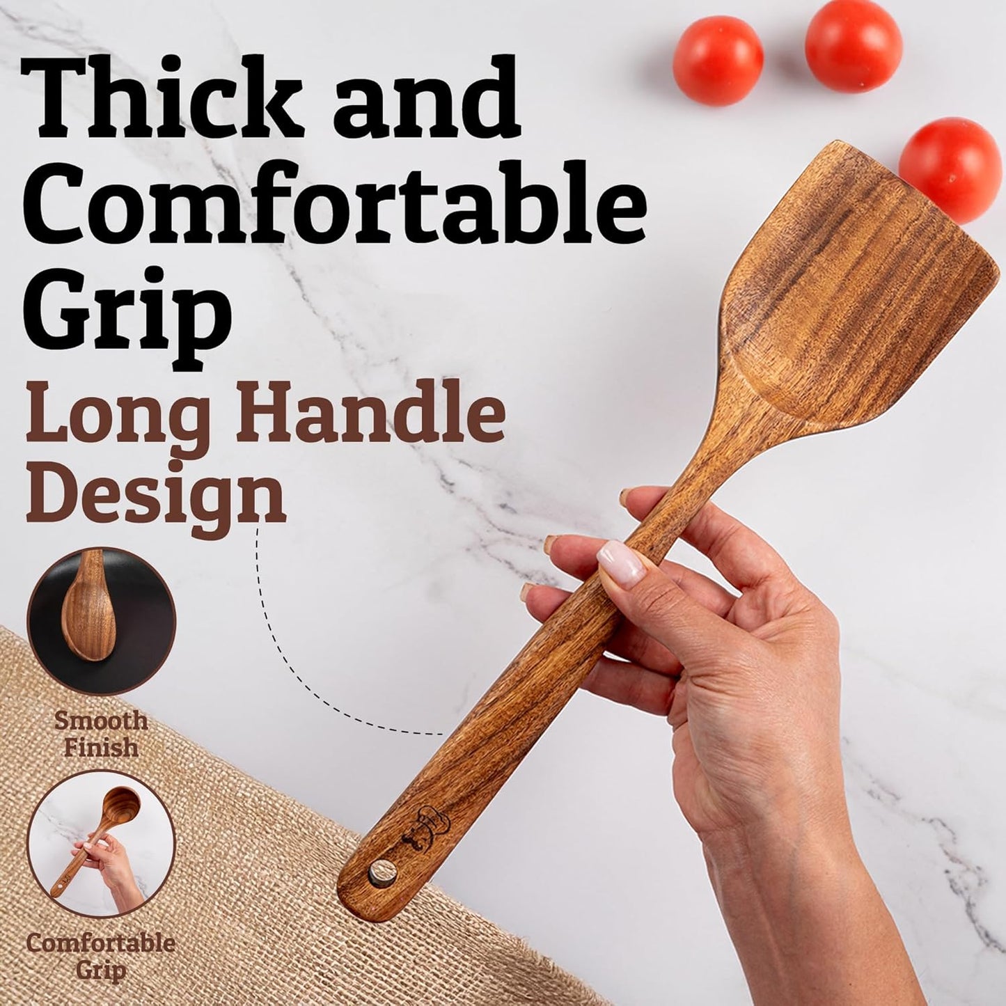 PriorityChef Premium Wooden Spoons for Cooking - 6pc Smooth Finish Teak Wooden Utensil Set with Hanging Hooks, Heat-Resistant & Nonstick Safe, Ideal for Gifting