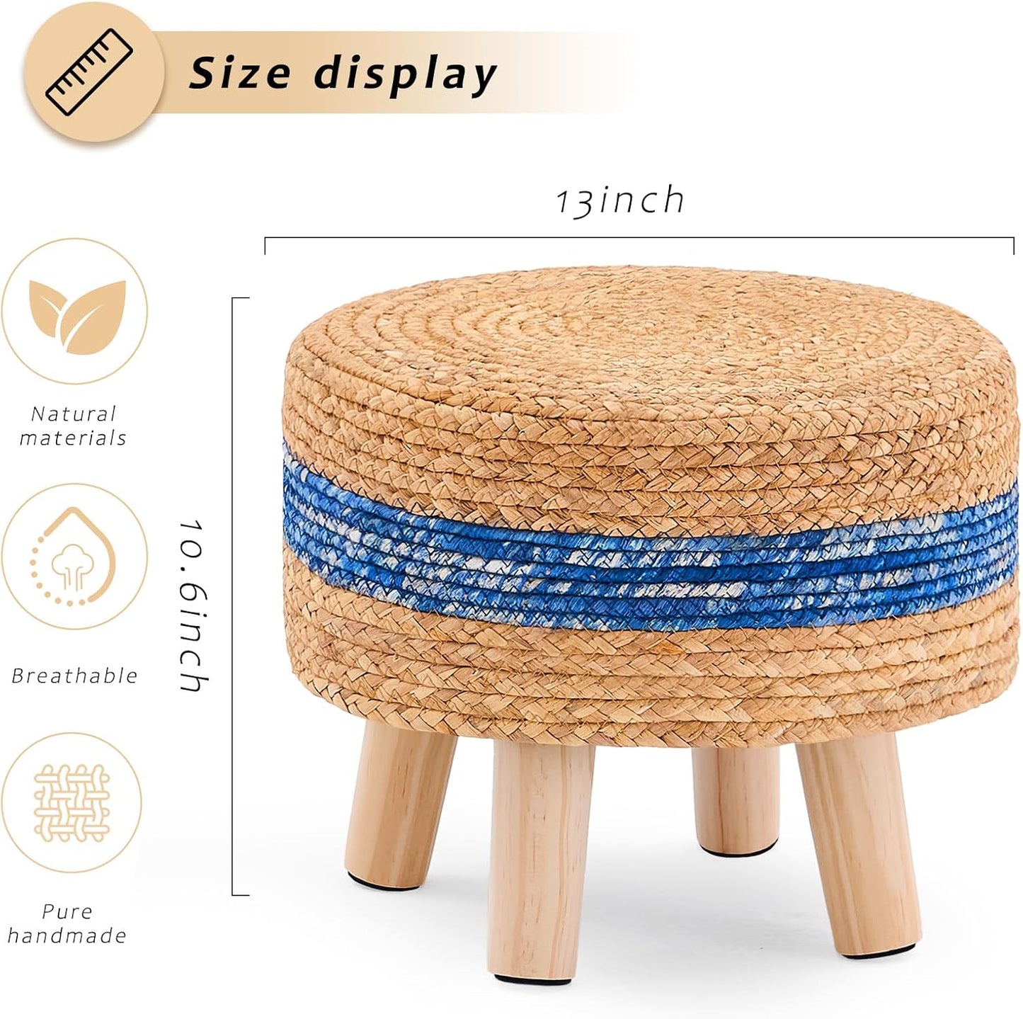 Handwoven Round Ottoman, Natural Water Hyacinth Outdoor Patio Pouf Seagrass Low Stool with Wood Legs, Soft Padded Footrest for Living Room Bedroom Garden, Blue