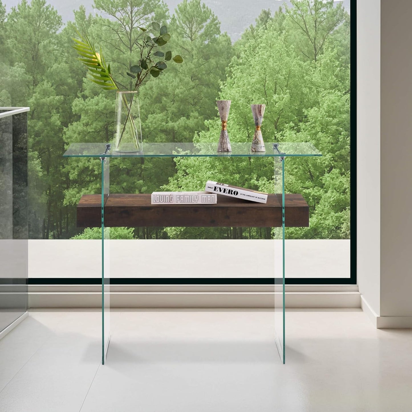 ivinta Glass Console Table with Storage, 39.4" Modern Sofa Table for Living Room, Foyer, Hallway, Bedroom 5101 (Dark Brown)