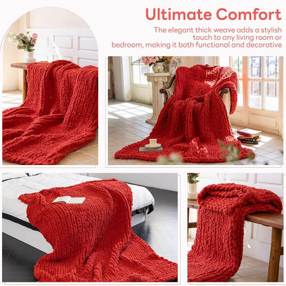 Chunky Knit Blanket - Luxury Soft Cozy 40 * 50 Throw Blanket,100% Woven Blanket Rope Knot Throw Blanket for Couch, Sofa, Home Decor, Gift - Machine Washable（Wine red）