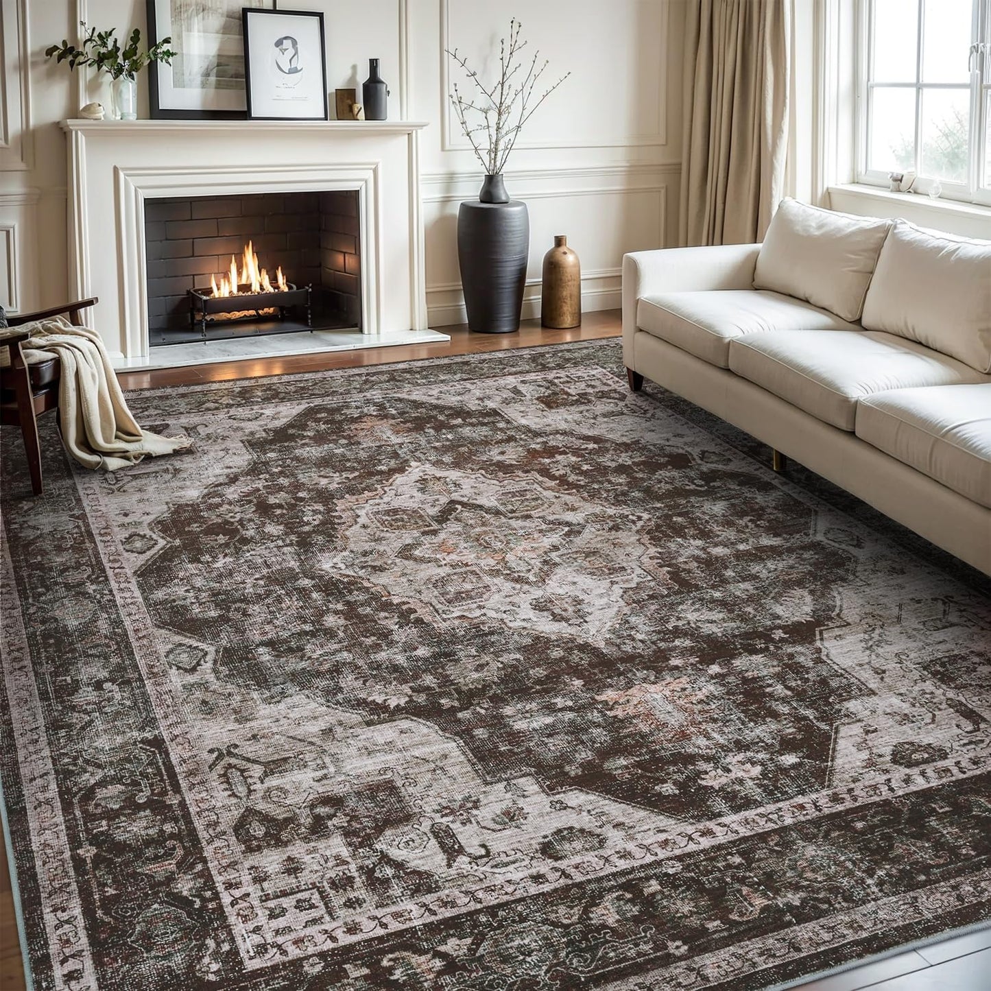 AMOAMI-Area Rug 9X12 Rugs for Living Room-Vintage Soft Brick/Brown Rugs for Bedroom-Non Slip Carpet-Washable Rug for Dining Room Living Room Bedroom Office Under Table