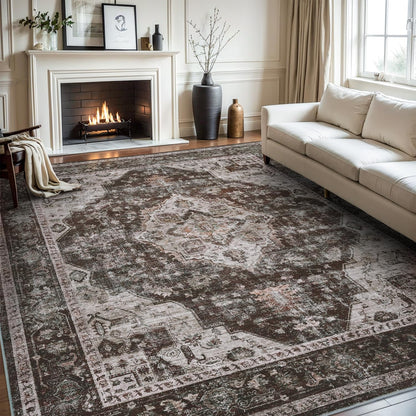 AMOAMI-Area Rug 9X12 Rugs for Living Room-Vintage Soft Brick/Brown Rugs for Bedroom-Non Slip Carpet-Washable Rug for Dining Room Living Room Bedroom Office Under Table