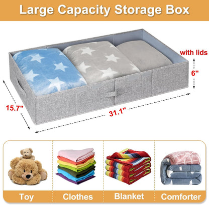 punemi Under Bed Storage Containers, 3 Pcs Large Blanket Clothes Storage Bag, Long Flat Firm Sides Underbed Organization And Storage w/ 3 Handles & Lid For Comforter Toy Closet, 31.1*15.7*6 inch Tall