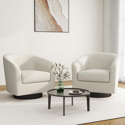 Swivel Barrel Accent Chair, Modern Round Linen Arm Chair for Living Room, Bedroom, Comfy Club