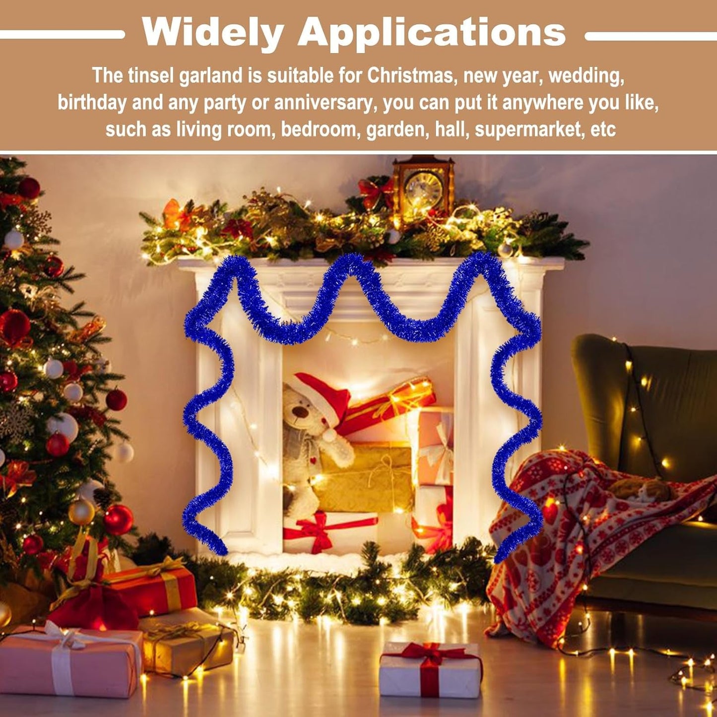 50 Feet Metallic Twist Tinsel Garland Backdrop for Parade Floats, Christmas Eve, New Year, Valentine's Day Party Decorations (Blue, 2in x 50ft)